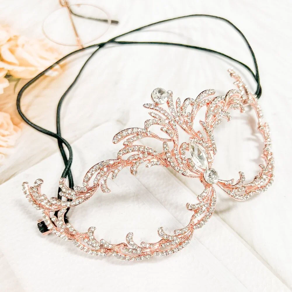 Rose Gold Decorative Masquerade Face Mask with Rhinestones